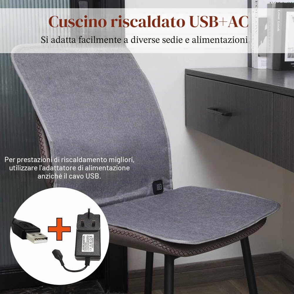 Cuscino riscaldato USB per sedia da ufficio, grande area riscaldata, cuscino riscaldato per terapia, cuscino riscaldante per schiena, lombare, coscia con 3 livelli di temperatura, 45.5x85.5 cm