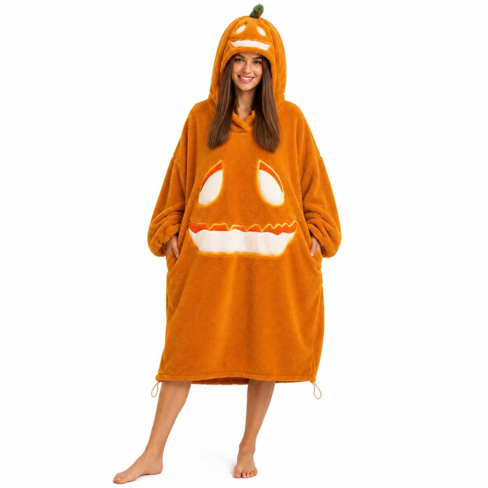Costume Halloween Donna, Pigiama Intera Halloween Zucca con Cappuccio, Tuta Onesie in Pile Decorazioni, Pigiama Completo Adulto da Casa per Festa, Carnevale, Cosplay, Natale e Serate a Tema