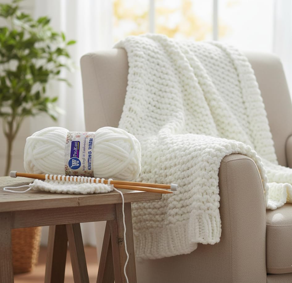 Image of ProKart Premium Blankie Wool, Plush & Cuddly, Chenille Yarn Supersoft Hand Knitting Wool Ball | Blanket Thick /Mottu Yarn Ball Suitable for Hand Knitting and Crocheting (Pure White, 100gms x 4 Pack)