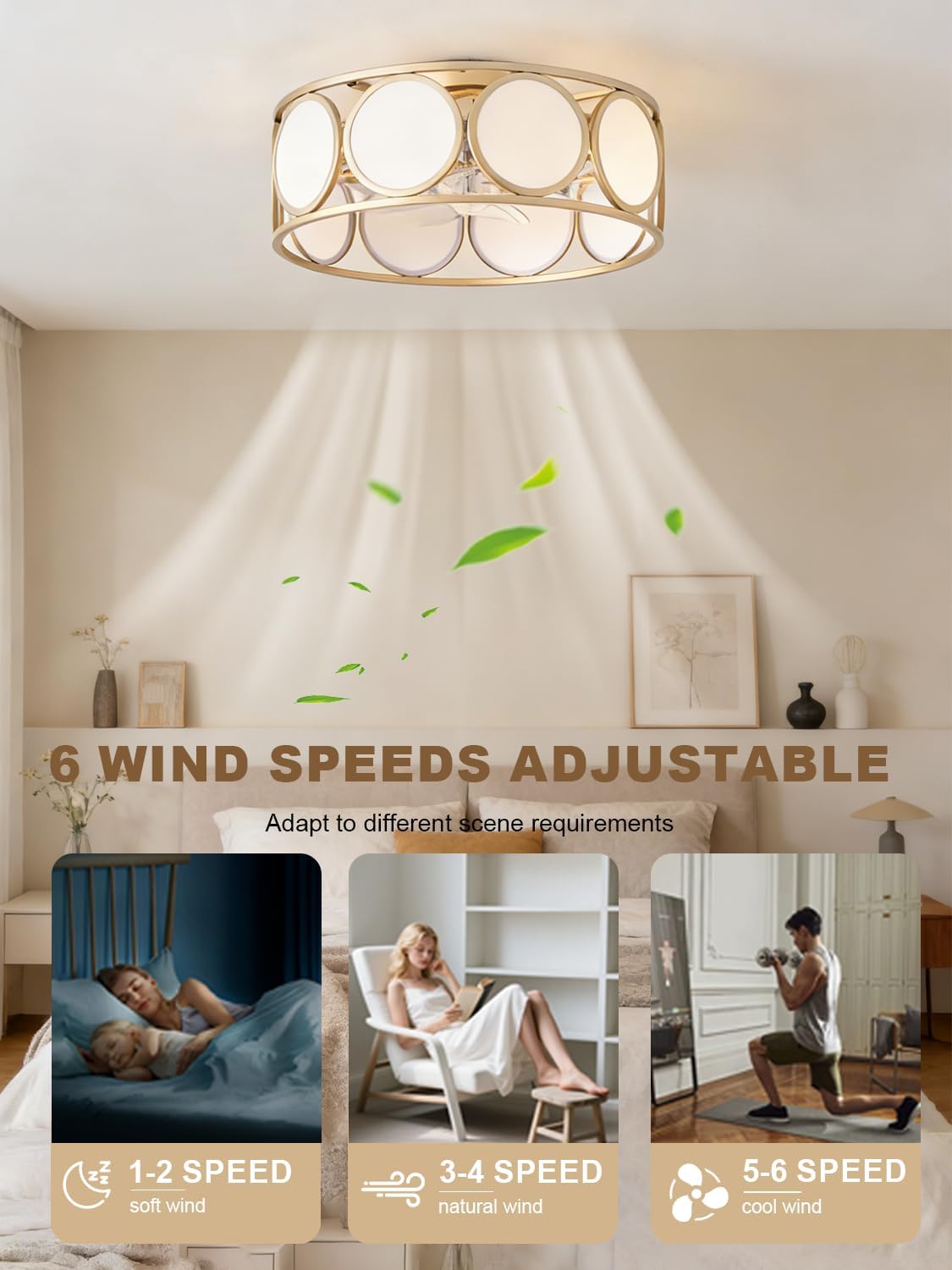 Low Profile Ceiling Fans with Lights, 20" Boho Ceiling Fan with Light Flush Mount and Remote Control, Fabric Caged with 6 Speeds for Bedroom Living Room Nursery
