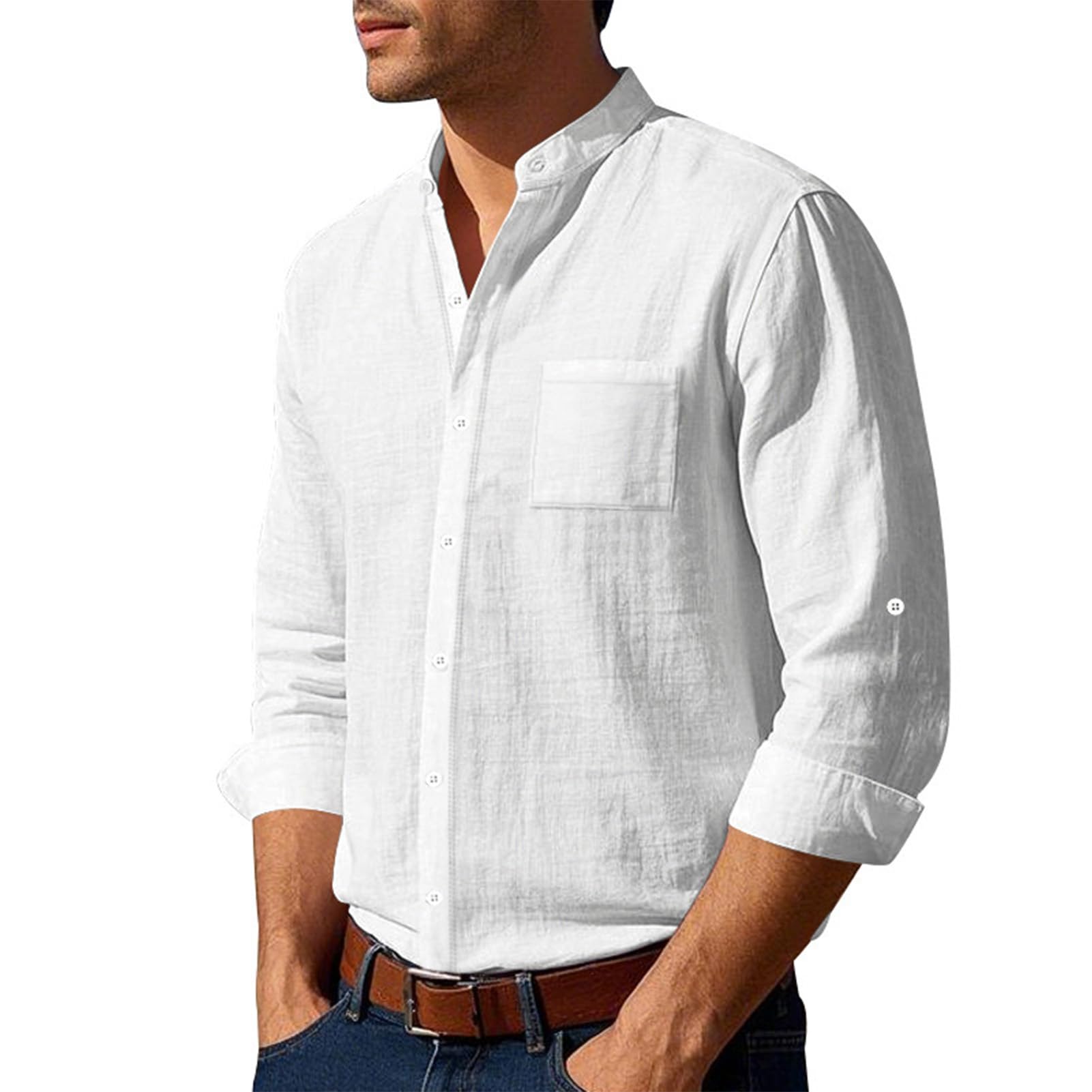 Volemo Camisa Lino Hombre Camisas Manga Larga con Bolsillo Color Sólido Casual Shirts Regular Fit