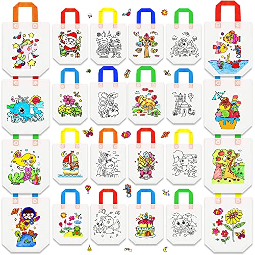 24 Styles Cute Cartoon Coloring Goodie Bags Reusable Coloring Carnival Art Party Favor Bags for kids Color Your Own Goodie Bags for Birthday Party DIY Crafts or Kids Party Favors Supplies