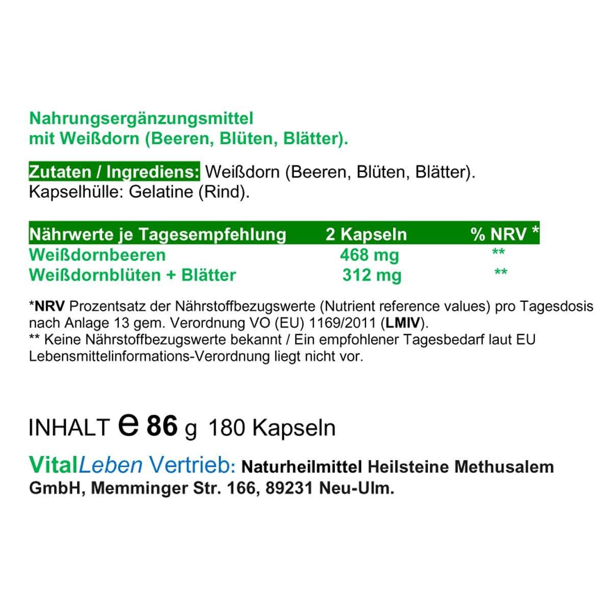 WEISSDORN Weißdorn HERZ-KREISLAUF 360 Kapseln 2x180 "HERZKRAUT" NATUR pur Weißdornbeeren & Weißdornblätter & Weißdornblüten. OHNE ZUSATZSTOFFE. 27100-4