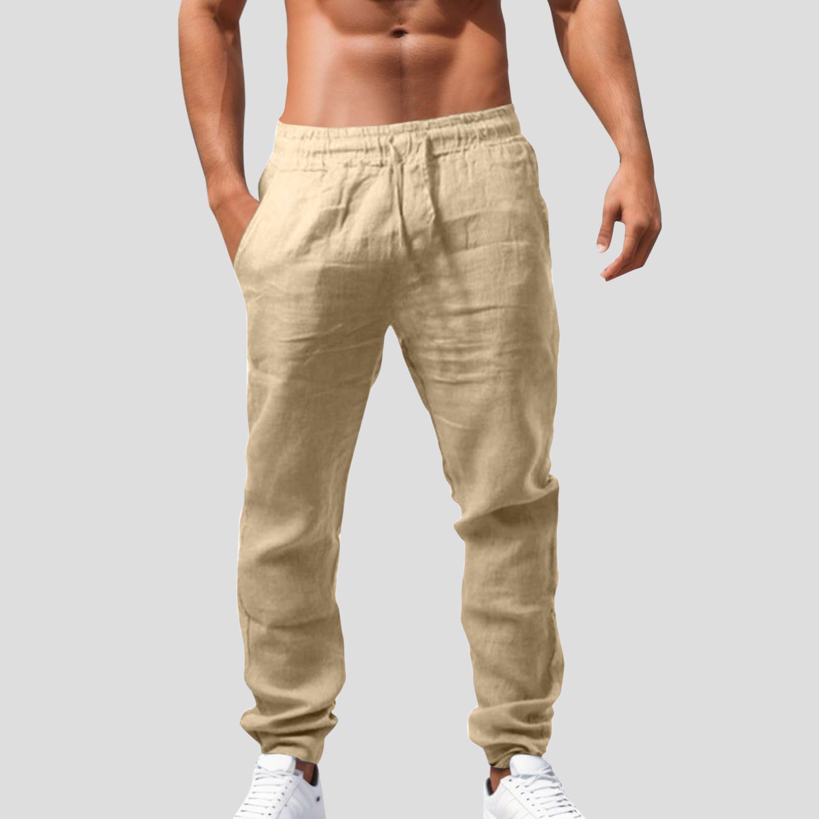 Pantalon Lino Hombre Pantalones Elásticos con Cordones Pantalones de Algodón y Lino Transpirables de Color Liso Pantalones Casual de Verano Pantalones Suaves y Cómodos para Hombre