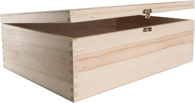 Large Rectangular Wooden Box with Lid & Clasp Closure | 40 x 30 x 13 cm | Documents Valuables Keepsake Storage | Unpainted & Untreated Plain Decorative Pinewood for Craft Decoupage