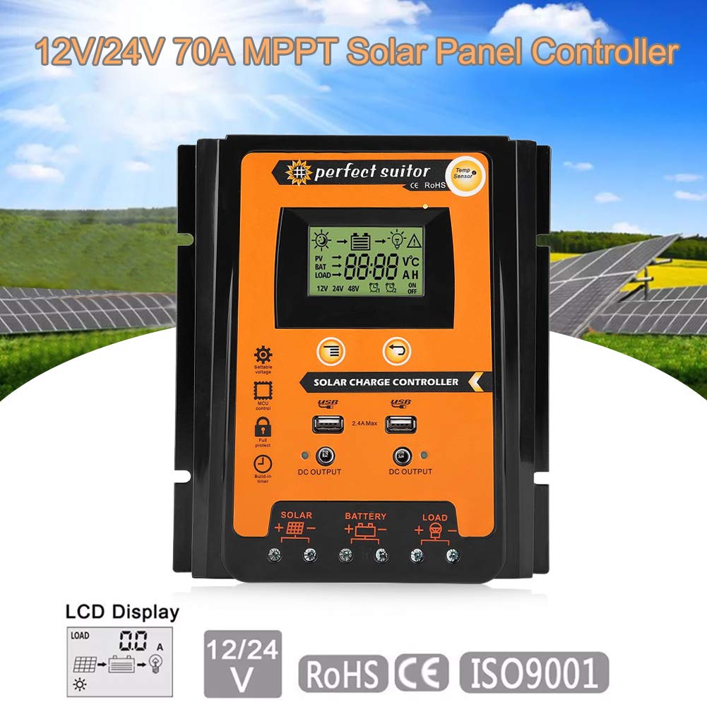 Solar Panel Controller, 12V/24V A MPPT Solar Charge Controller Solar Panel Battery Regulator Dual USB LCD Display(50A)