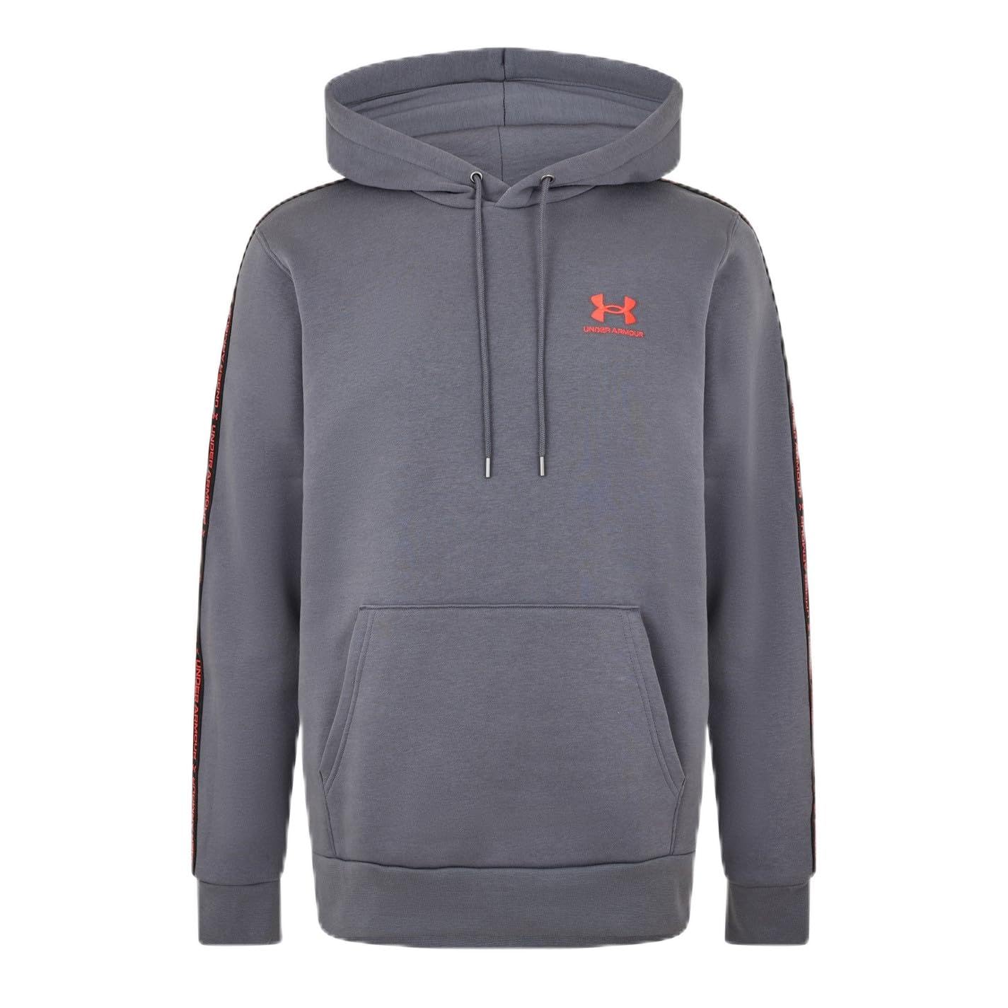 Under Armour Mens Icon Fleece Taping Hoodie Long Sleeve Castlerock/Red XL