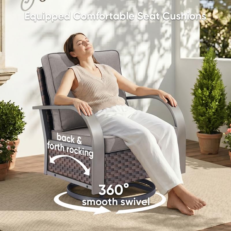 Image of 3 Piece Outdoor Patio Wicker Swivel Rocker Chairs with Table, Grey Cushion | Metal Wide Armrest, Wicker Outdoor Furniture Set, Water-Resistant, Fade-Resistant, Removable Cover, Stain-Resistant