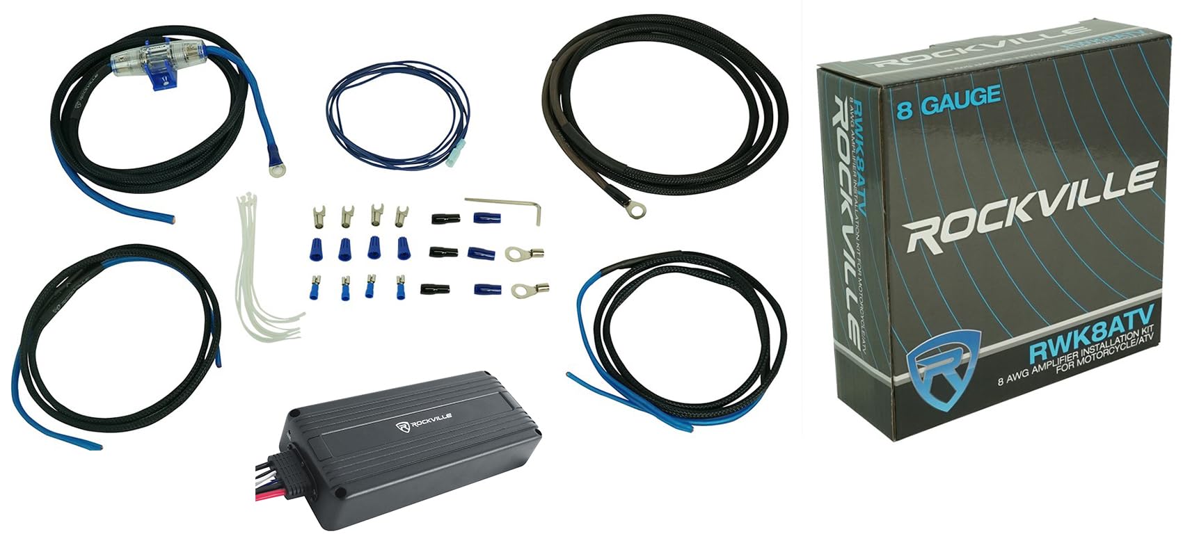 Rockville Bundle: (1) Rockville ATV300 Mono UTV/Motorcycle/ATV Amplifier IP65 Micro Powersport Amp Bundle with (1) Rockville RWK8ATV OFC Copper 8 AWG Gauge Amp Installation Wire Kit (2 Items)