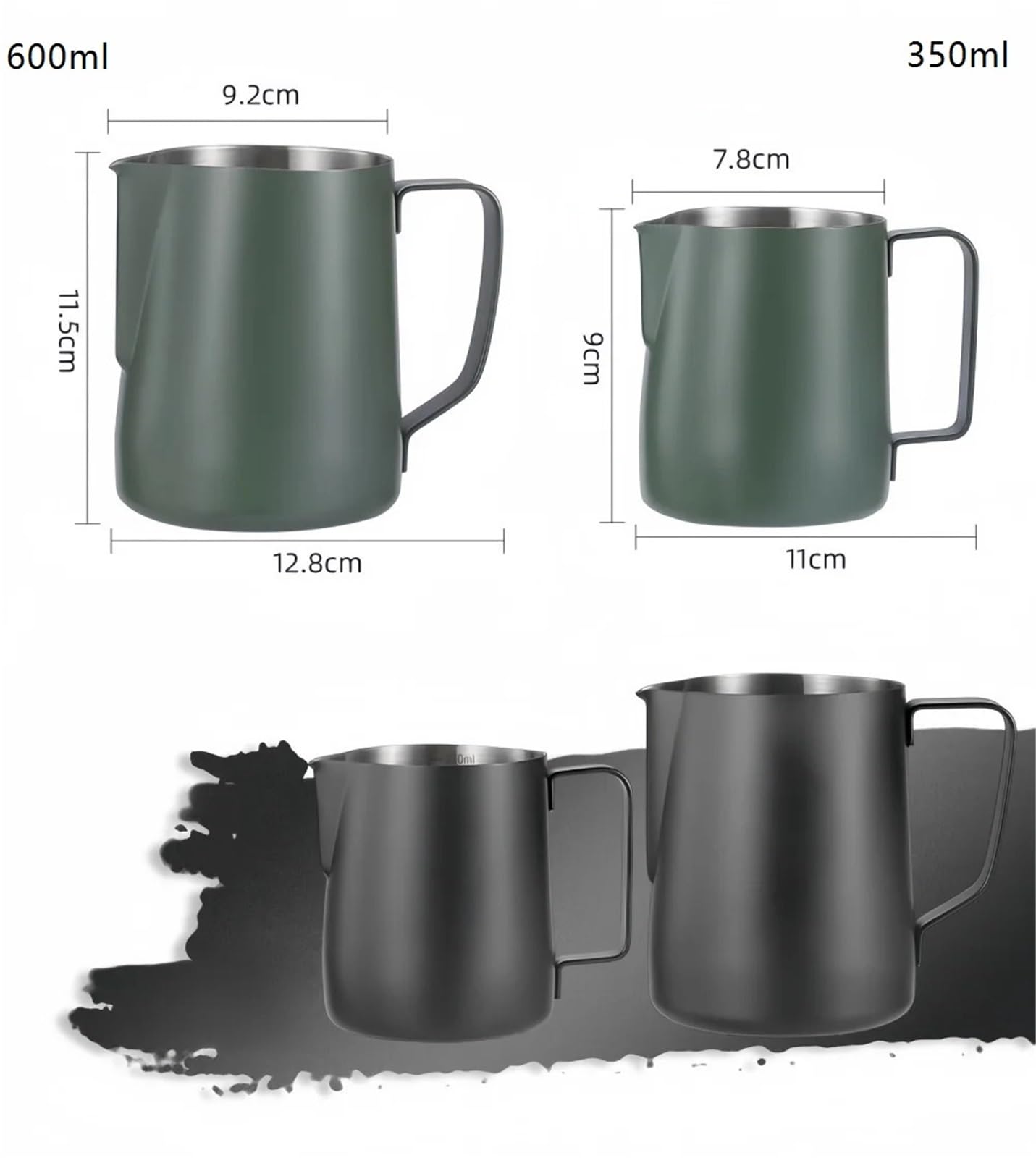 Jarra de leche acero inoxidable 304 | Jarra de espuma de leche multicolor for café Latte Art(350ml Black)