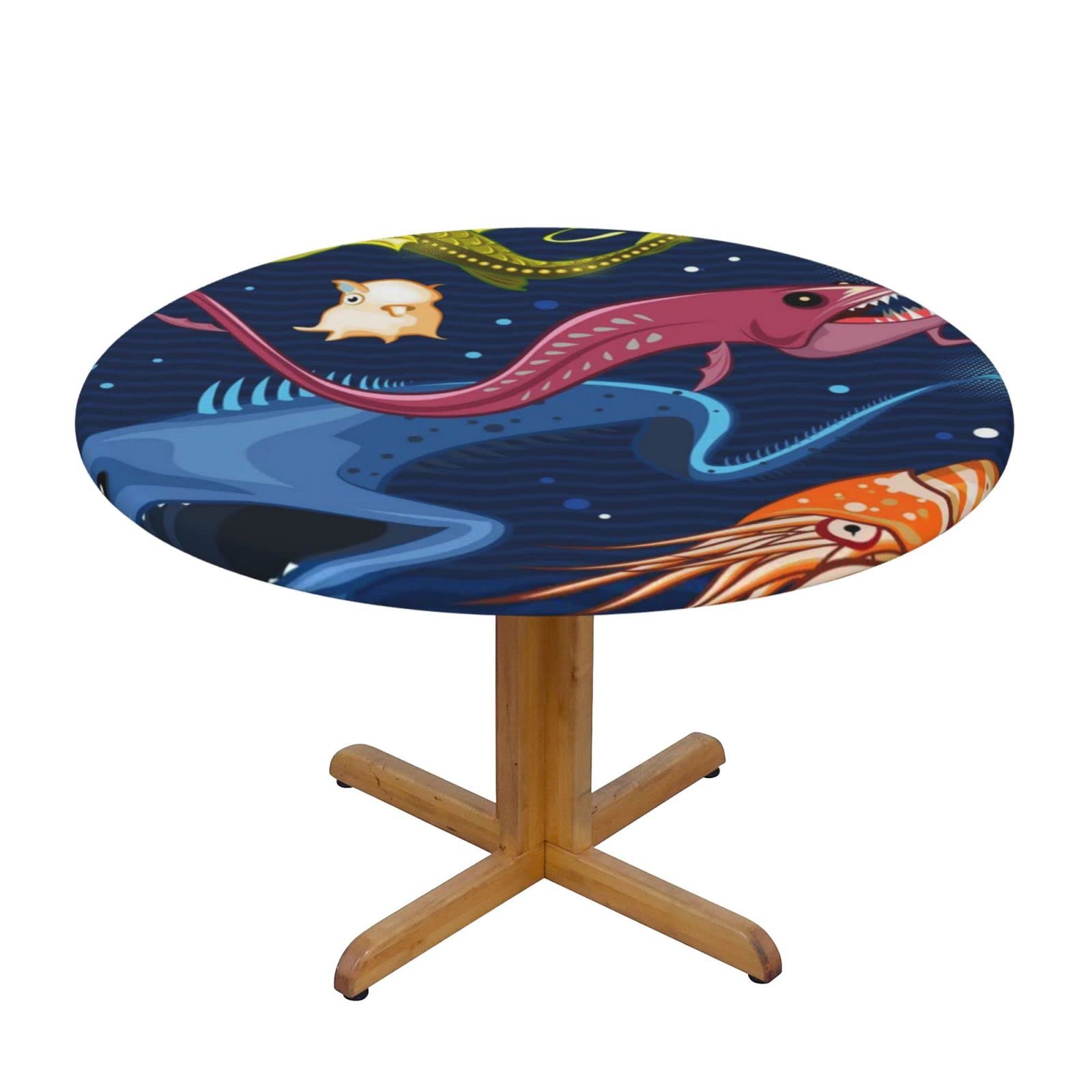 Lsjuee Round Fitted Tablecloth 40-44in Elastic Edged Table Cloth for Kitchen Dining Party Home Decor - Funny Fish Deep Blue Sea