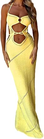 Women Crochet Knit Bodycon Maxi Dress with Cut Out Front and Open Back