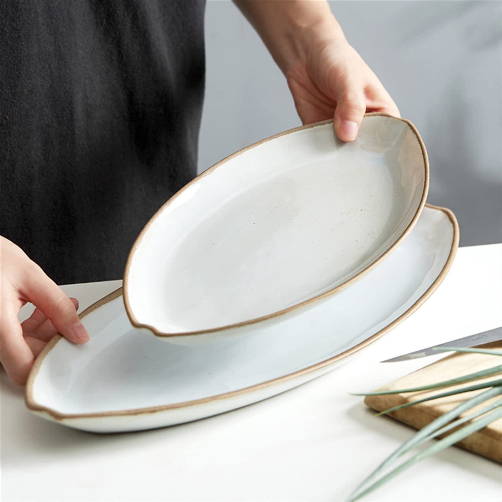 SUNESA Serviceteller Rechteckiger Keramik -Teller Home Retro Porzellan großer gedämpfter Fischteller 16,3 Zoll Oval Steinzeug Teller Mikrowellen -Geschirrspüler sicher Platten (Size : A)