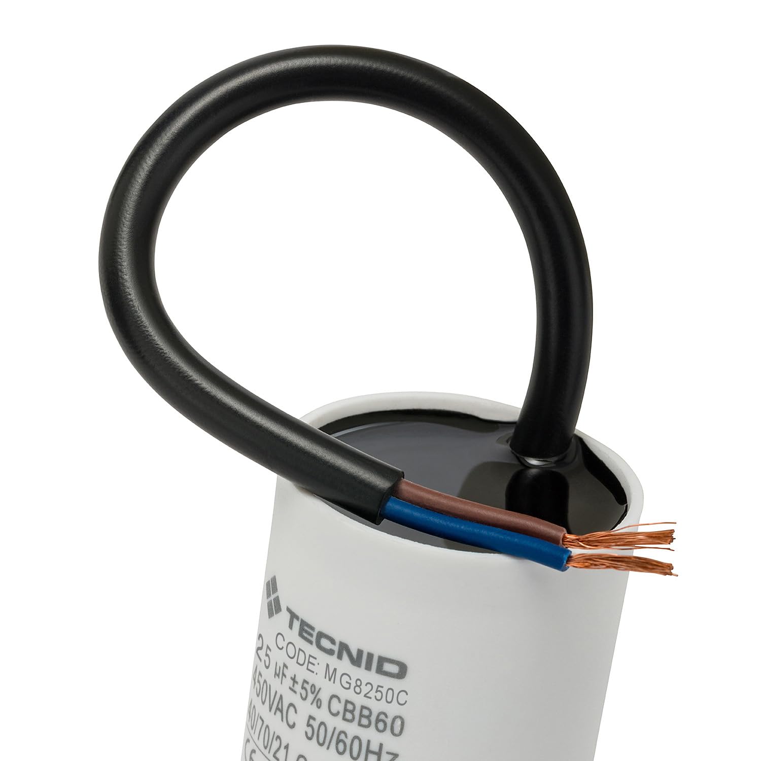 Tecnid by Velamp – Condensatore di Spunto 25µF 450V AC con Cavetto 15cm – Condensatore di Avviamento Per Motori Monofase, Compressori, Pompe, Climatizzatori