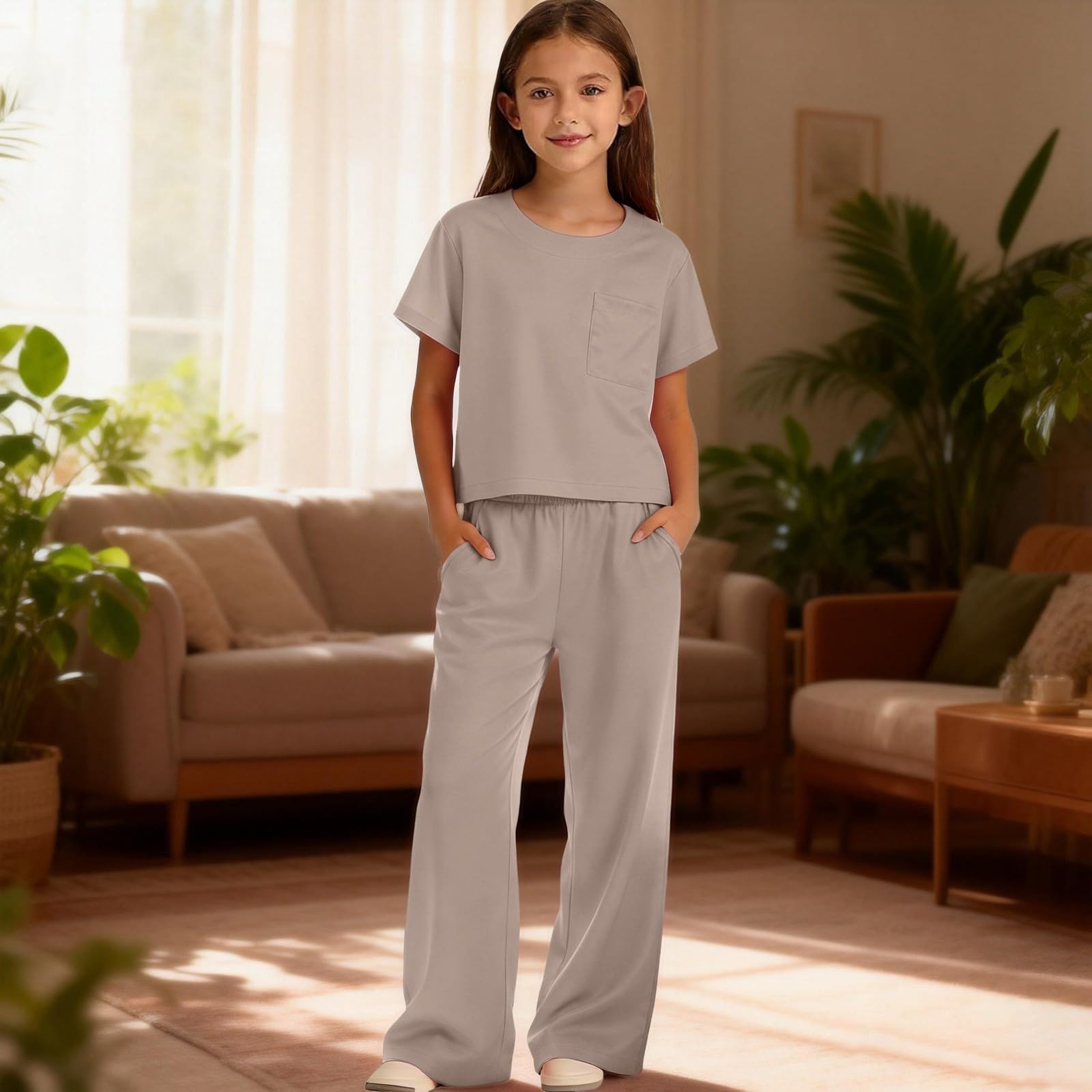 Mädchen Bekleidungssets Sommer Outfit 2-Teilig T-Shirt Und Weites Bein Hose Set Girls Mode Freizeitanzug Zweiteiler Kinderkleidung Einfarbig Outdoor Mädchenbekleidung Kinder