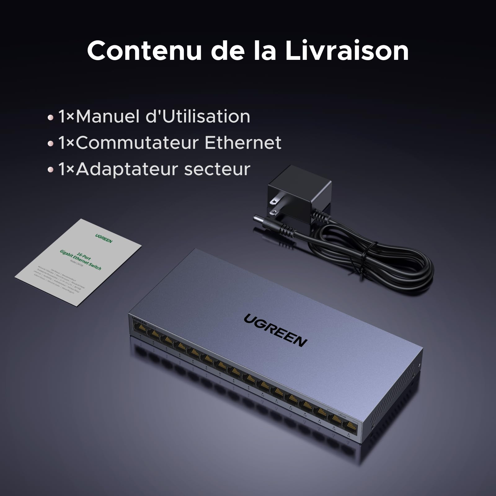UGREEN Switch Ethernet Gigabit 16 Ports Hub Ethernet 10 100 1000Mbps Switch RJ45 Support VLAN Boitier Métal Idéal pour Bureau et Maison Compatible avec PC Imprimante Caméra Routeur