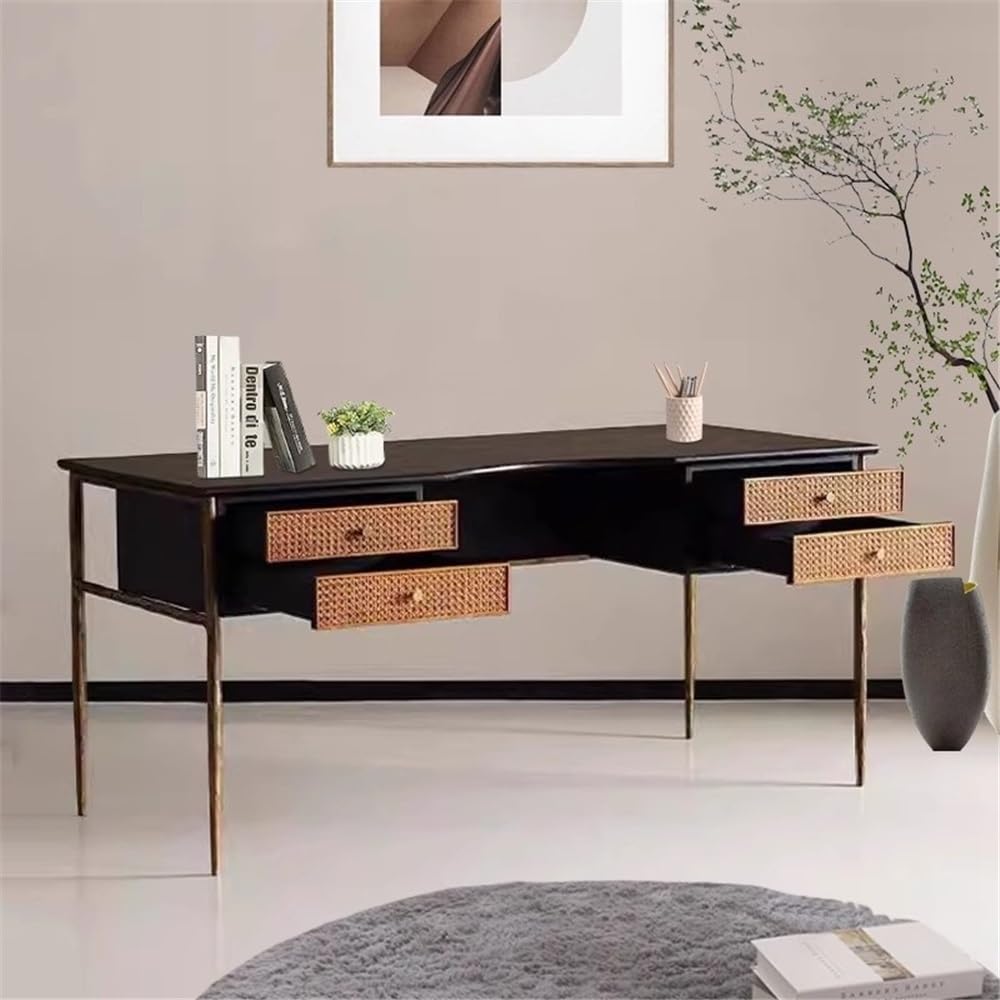 Table Bureau à domicile en chêne avec tiroirs rotin et structure métal