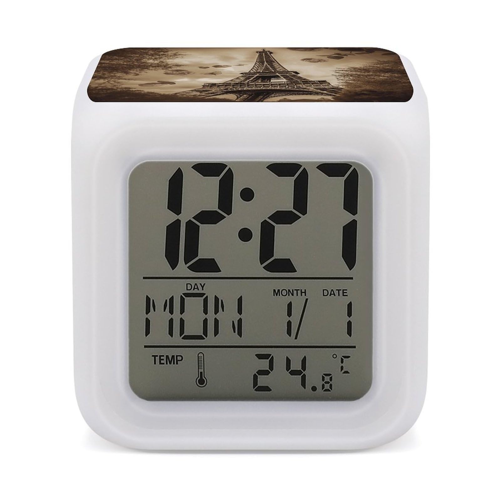 7 Color Ambient Night Light Cube Battery Operated Paris Eiffel Tower Digital Clock with Snooze Temperature LED Digital Alarm Clocks Dimmable Wake Up Light Portable Mood Lamp for Bedroom Desk Gift