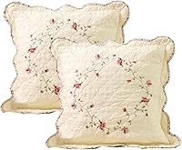 vctops Set of 2 Cotton Quilted Embroidered Throw Pillow Covers 18x18 - Scalloped Pink Floral Design for Sofa Couch Bed