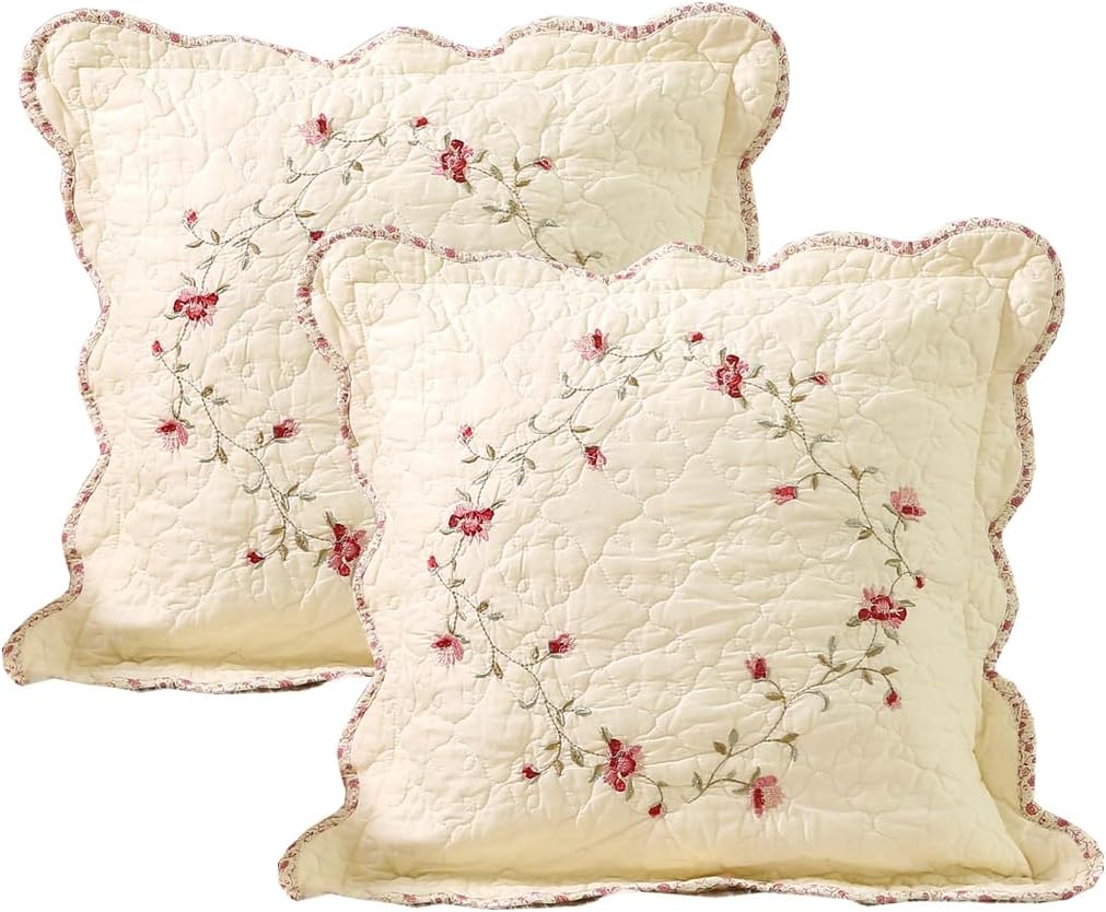 Set of 2 Cotton Quilted Embroidered Decorative Square Throw Pillow Covers with Scalloped Floral Soft Cushion Case for Couch Sofa Bed (Flower D,18"x18")
