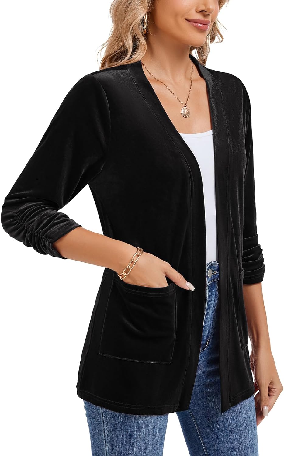 Velvet Cardigans for Women's Ruched 3/4 Sleeve Open Front Collarless Casual Office Work Velvet Cardigan Pockets - Image 5