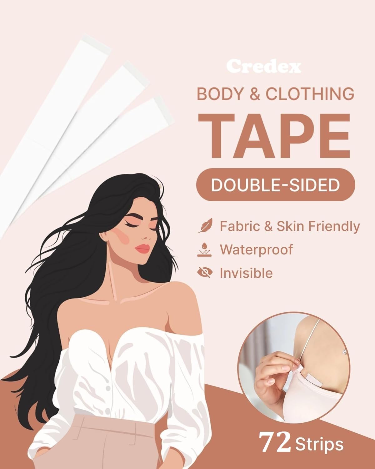 Credex 72 Strips Double Sided Tape for Fashion, Clothing and Body Tape | All Day Strength Invisible Dress Tape for women | Gentle to stick on Skin and clothes | Transparent (Pack Of 72)