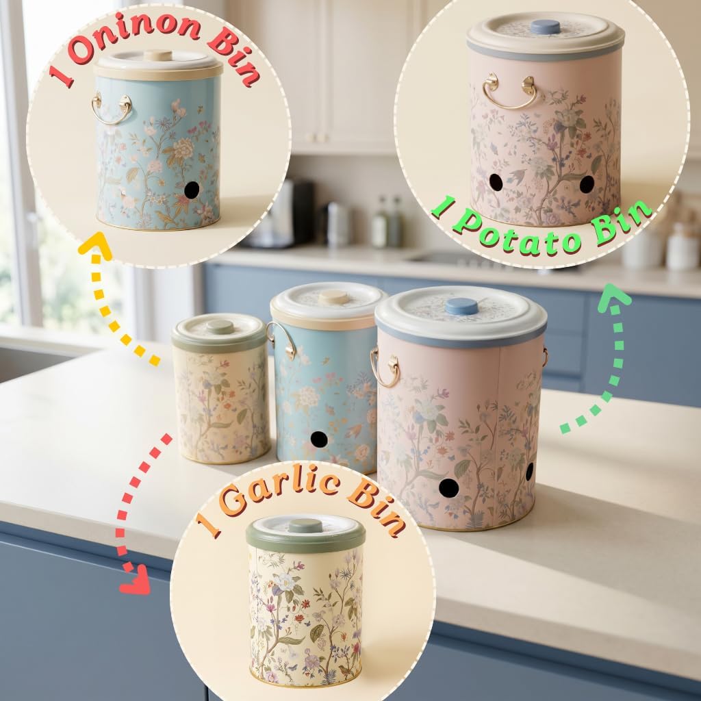MARIA ROMA Metal Potato and Onion Storage Bin Set of 3 with Garlic Keeper - Vintage Metal Kitchen Canisters, Vegetable Storage Containers - Farmhouse Rustic Pantry Organization image 2