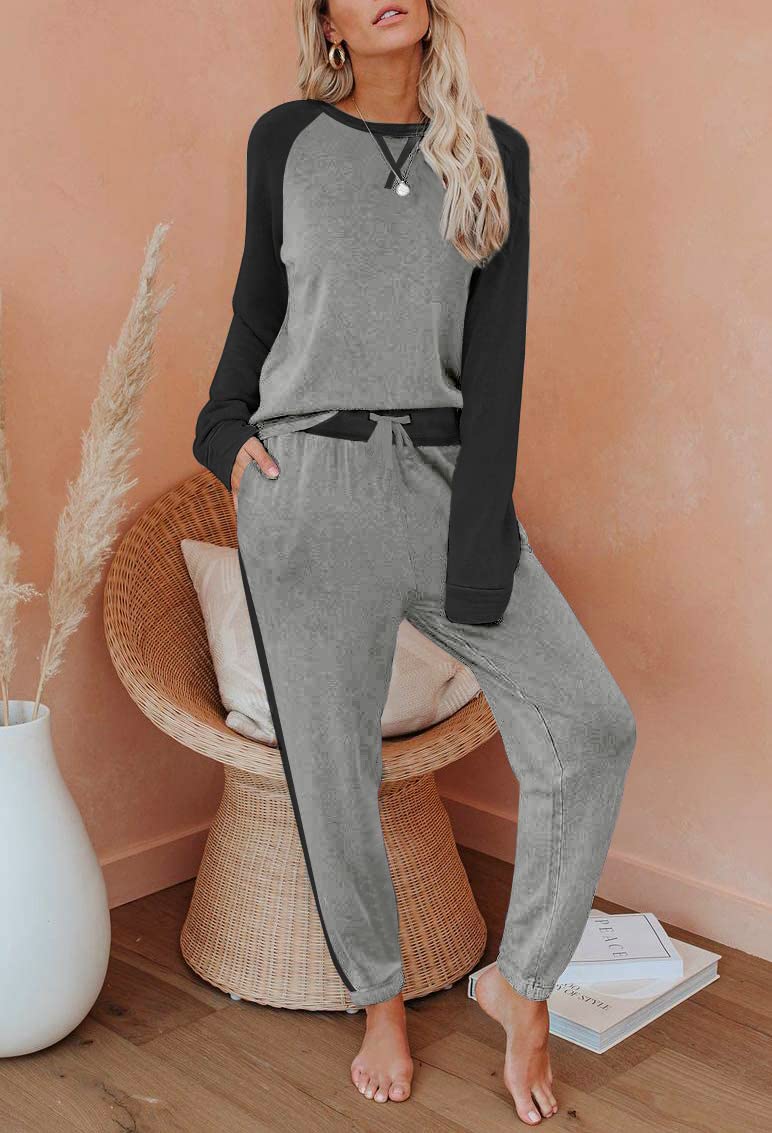 Ekouaer Conjunto de pijama de dos piezas para mujer, conjunto de pijama de manga corta con cuello redondo y pantalones deportivos