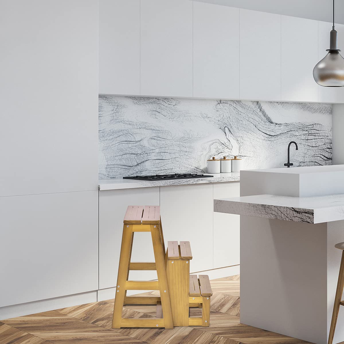 GOPLUS Sgabello Scala Pieghevole, Scaletta a 3 Gradini, in Legno, Multiuso e Pratico, Portata di 150 kg, 57x38,5x66 cm, Marrone/Naturale