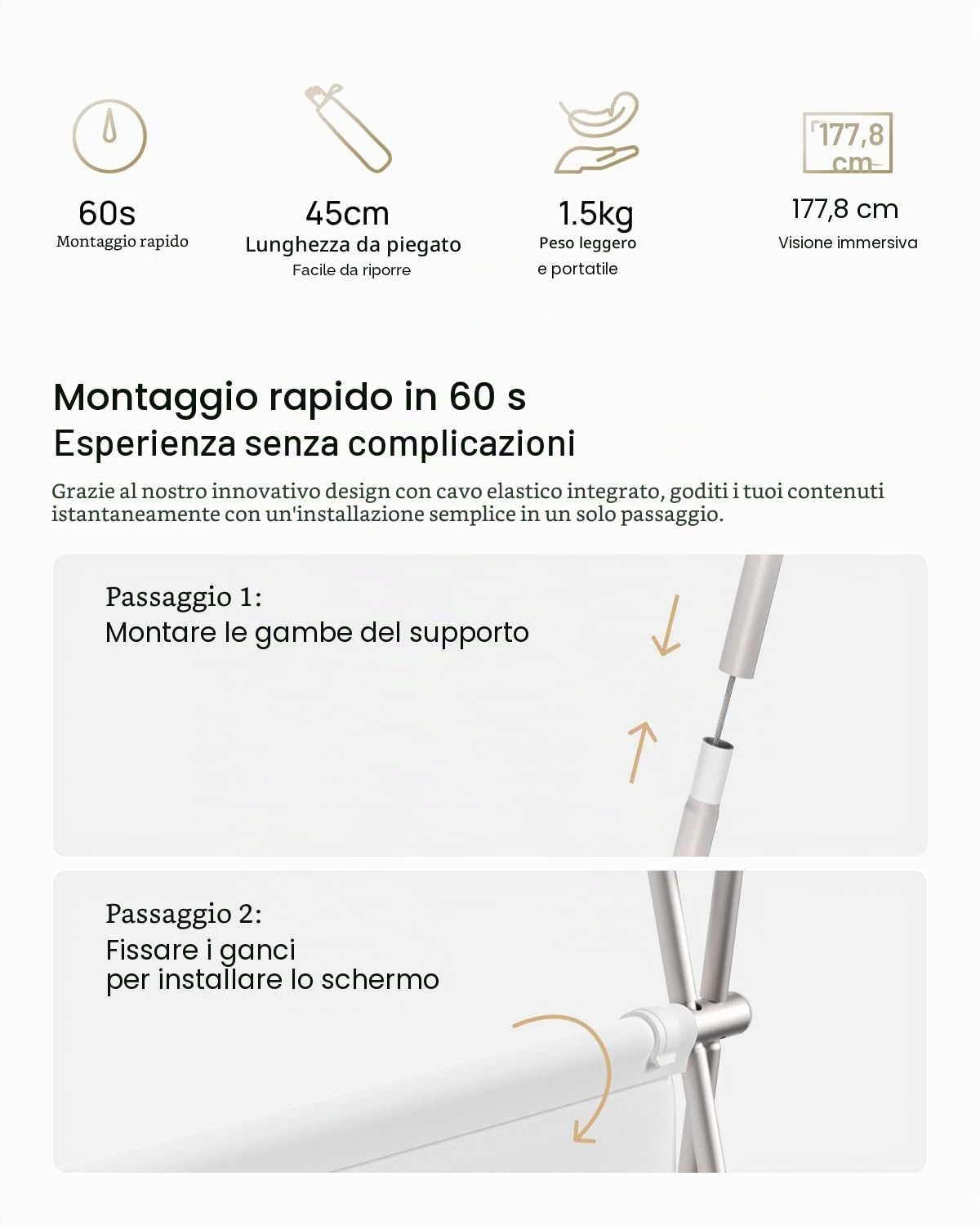 XGIMI 2025 Schermo Proiezione Portatile 70" – Pieghevole e Leggero per Esterni/Campeggio – Compatibile con MoGo 3 Pro, Elfin Flip, Halo+, Horizon Ultra – HD/4K HDR10+