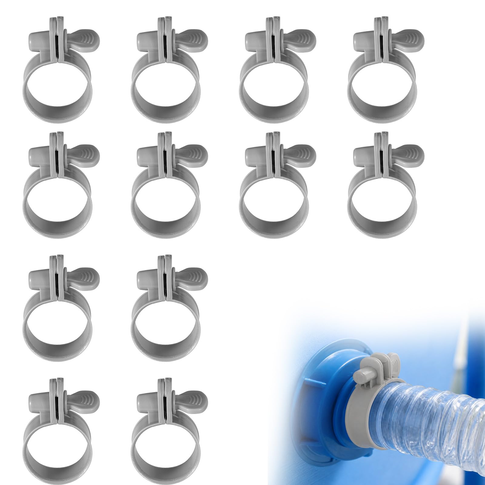 12pcs Adjustable Plastic Hose Clamps for 1.25-1.5 Inch Above Ground Pools, Thumb Screw Type Swimming Pool Hose Connector Clamps Set Outdoor Repair Kitsfor Filter Pump Connections (Gray)