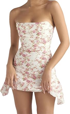 Women Strapless Tube Dress Low-Cut Ruched Mini Dress Floral Print Back Zipper Party Short Vestidos