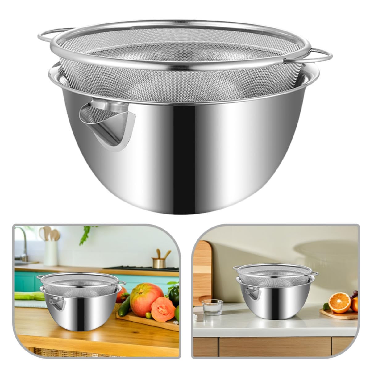 Colador de Acero Inoxidable con Función Integrada de Drenaje, Tazón Grande para Mezclar y Lavar Arroz, Adecuado para Cocina y Repostería, 1 Set Plata