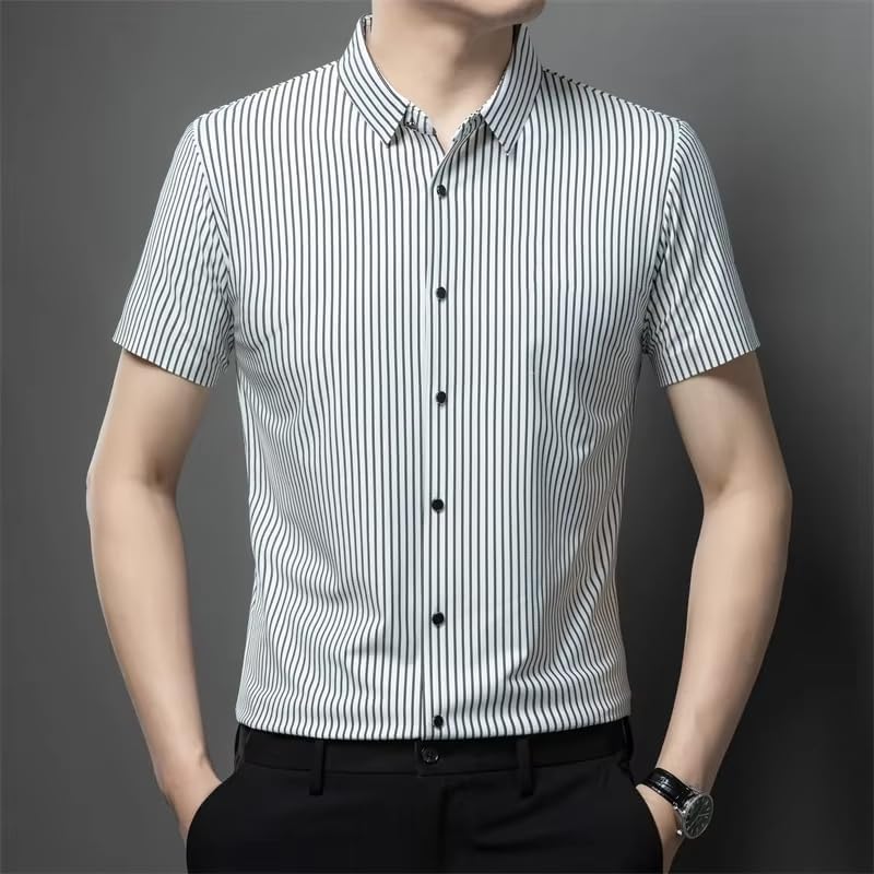 Men's Casual Button Down Shirts Short Sleeve Striped Cotton Beach Summer Vacation T-Shirt