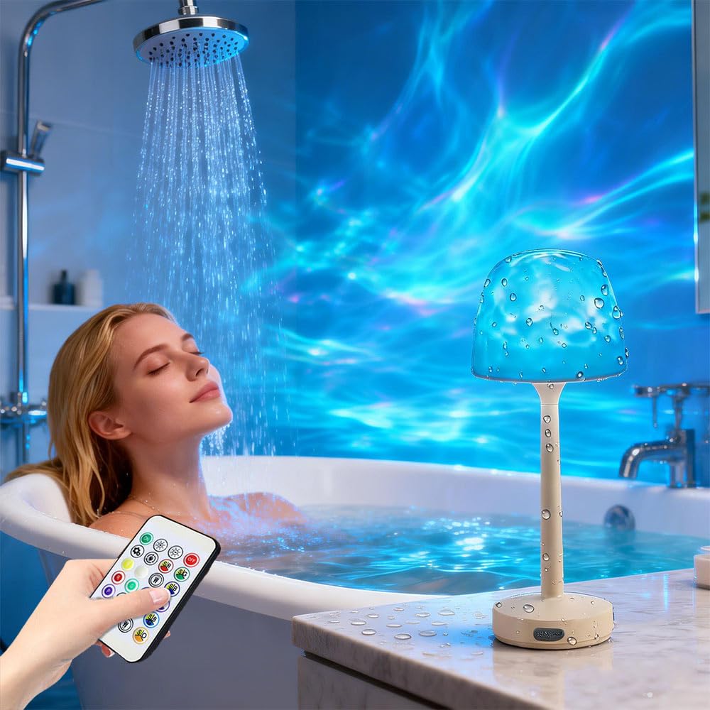 Ccarzzi Spa-Like Shower Lamp, Waterproof Bathroom Lamp Cordless with 16 Color Ocean Wave Projector, 2-in-1 Rechargeable Shower Light with Remote for Bathtub, Shower, Bathroom