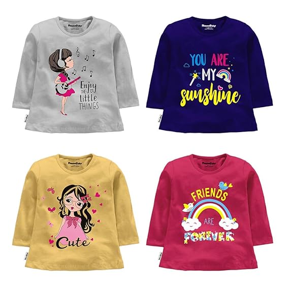 NammaBaby Girls Hoseiry Cotton Full Sleeves T-Shirt Girls Top - Pack of 4