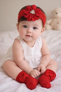 Socks with Matching Hairband for Girls, Infant Accessory Set, Age 0-12 Months (Red)
