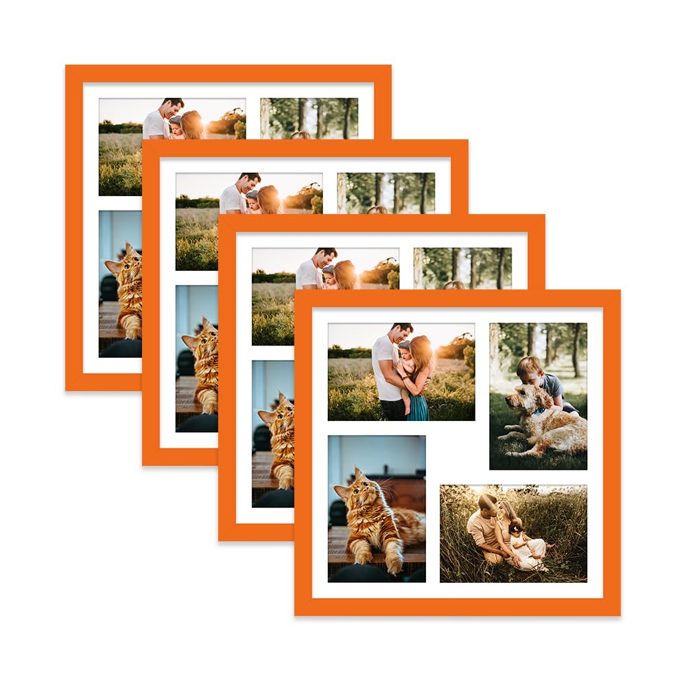 Orange Multi Photo Frame - Holds 4 x 6x4 Pictures, Family Collage Picture Frame for Wall Display, 12x12 Frame size, Set of 4