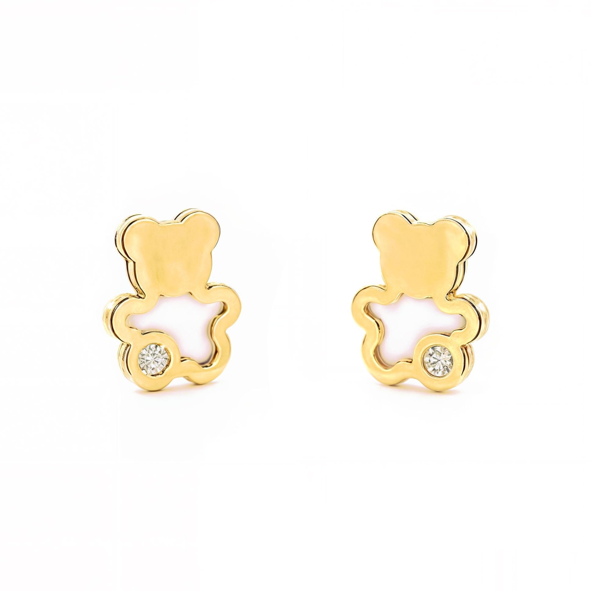 Pendientes Oro Bebe o Niña oso nacar y circón (9kts) - Estuche Regalo - Certificado de Garantía - Mondepetit