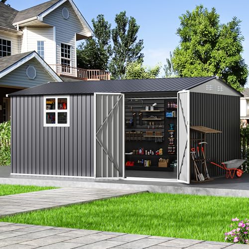 Image of AirWire 14x10 FT Outdoor Metal Storage Shed with Window, Heavy-Duty Galvanized Steel Tool Shed with Lockable Doors, Waterproof Garden Shed for Backyard, Patio, Lawn, Black