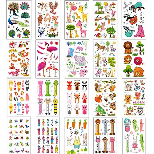Simuer Zoo Animals Temporary Tattoos,20 Sheets Lions Zebra Sloth Giraffe Flamingos Elephant Elk Jungle Cartoon Sticker for Children Kids Girls Boys