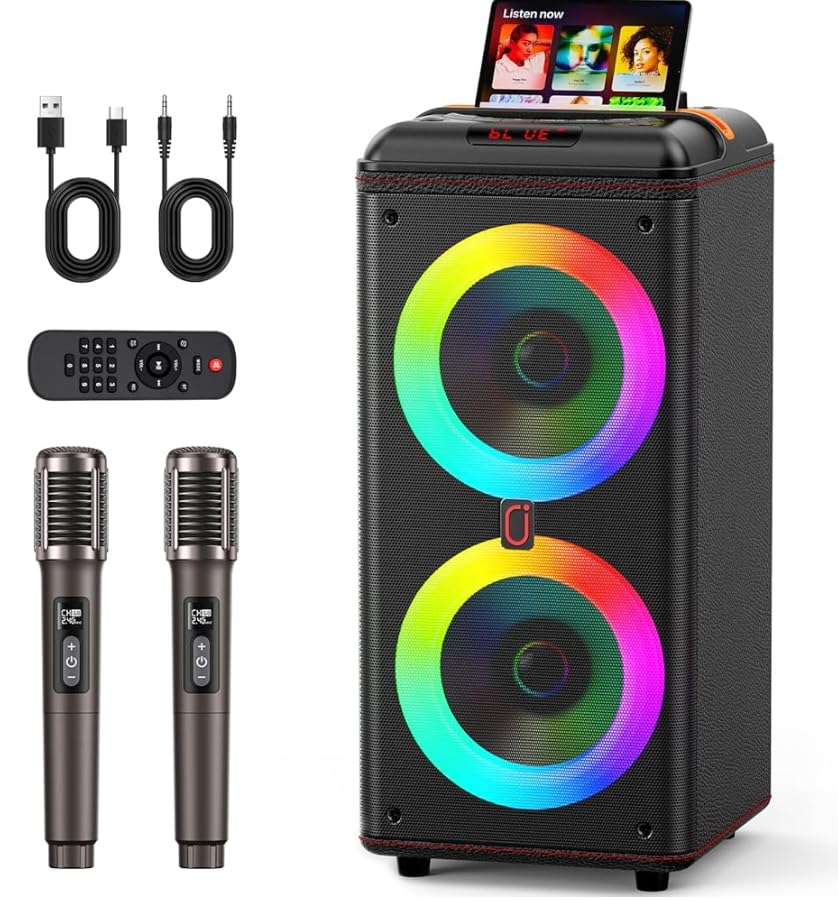 JYX 240W Trolley Party Speaker, 12 Hours Playtime with 2 UHF Wireless Mics, Bluetooth v5.3, Karaoke Party Box, TWS, 6.35mm Guitar Mic Inputs & AUX USB Type-C Port, RGB LED Lights (Black)-image-9