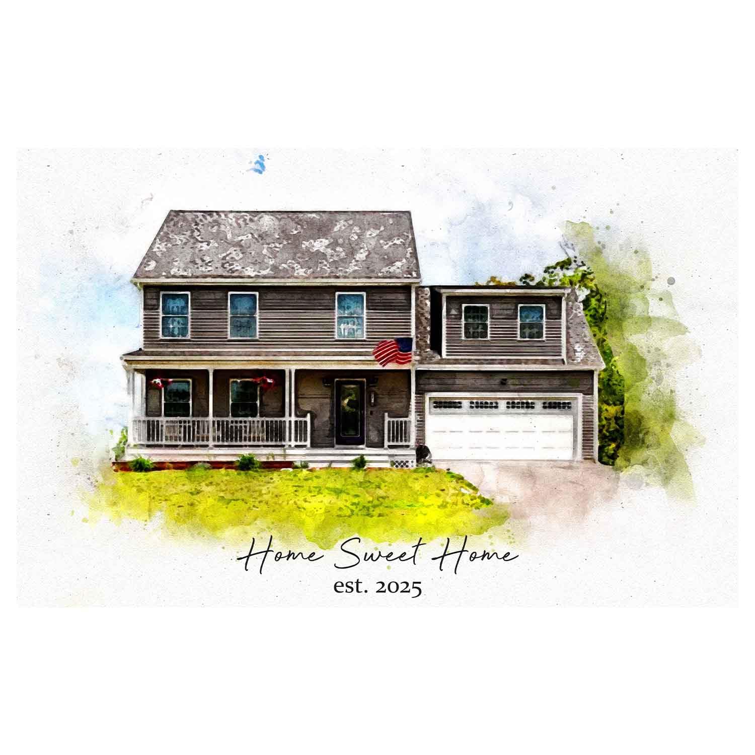 Our First Home Portrait Personalized Home Sweet Birthday Gift Housewarming Gift Watercolor Effect on Canvas Poster