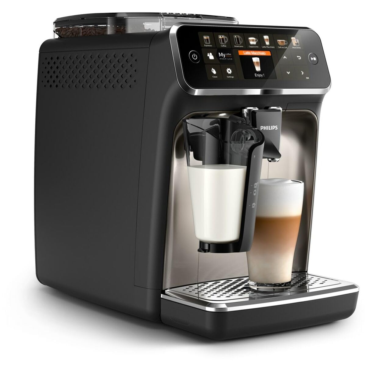 Philips 5400 Series Vollautomatisch Kaffeemaschine - LatteGo Schaumer, 12 Arten von Getränken, Intuitives Display, 4 Benutzerprofile, Chrom (EP5447/90)