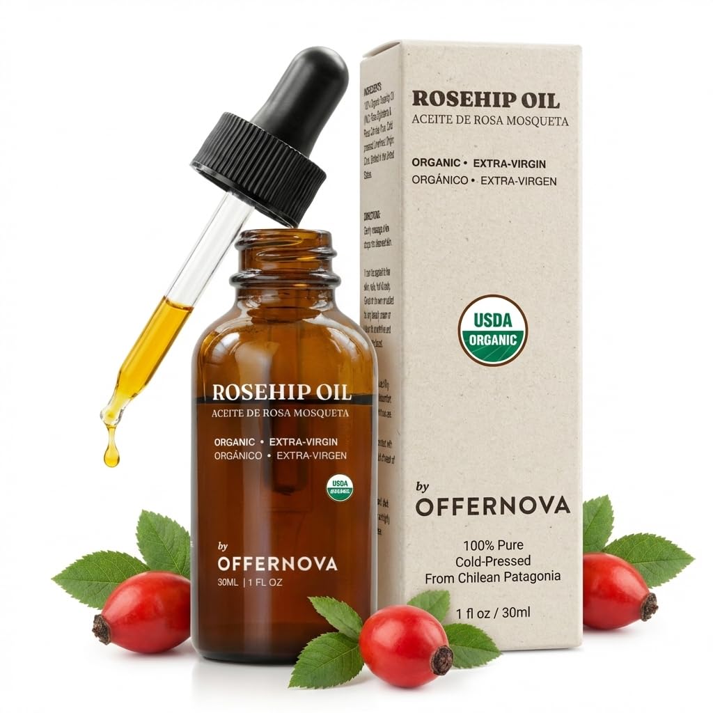 Offernova Organic Rosa de Mosqueta Oil- USDA Certified Rosehip Seed Oil Pure Cold Pressed, Repairs & Brightens Skin - Gua Sha Massage, Face, for All Skin Types - Aceite Facial 1OZ
