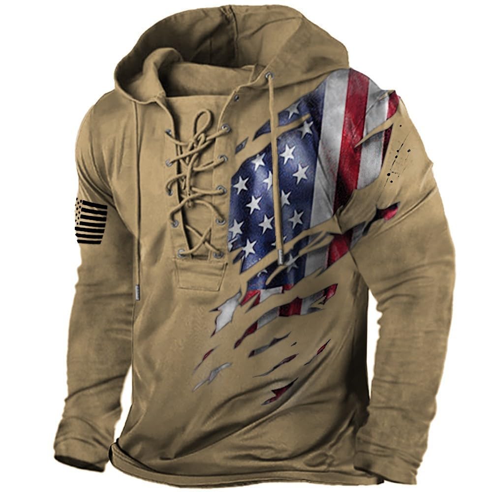 Bengbobar Men's Military Tactical Hoodies Retro Distressed American Flag Print TieUp Pullover Trainning Camping Sweatshirt