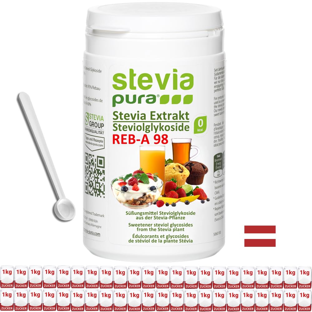 steviapura | 100% Reines, hochkonzentriertes Stevia Extrakt Pulver 100g | Süßungsmittel auf Basis von Steviolglycosiden aus der Pflanze (Stevia rebaudiana) und Rebaudiosid-A 98%