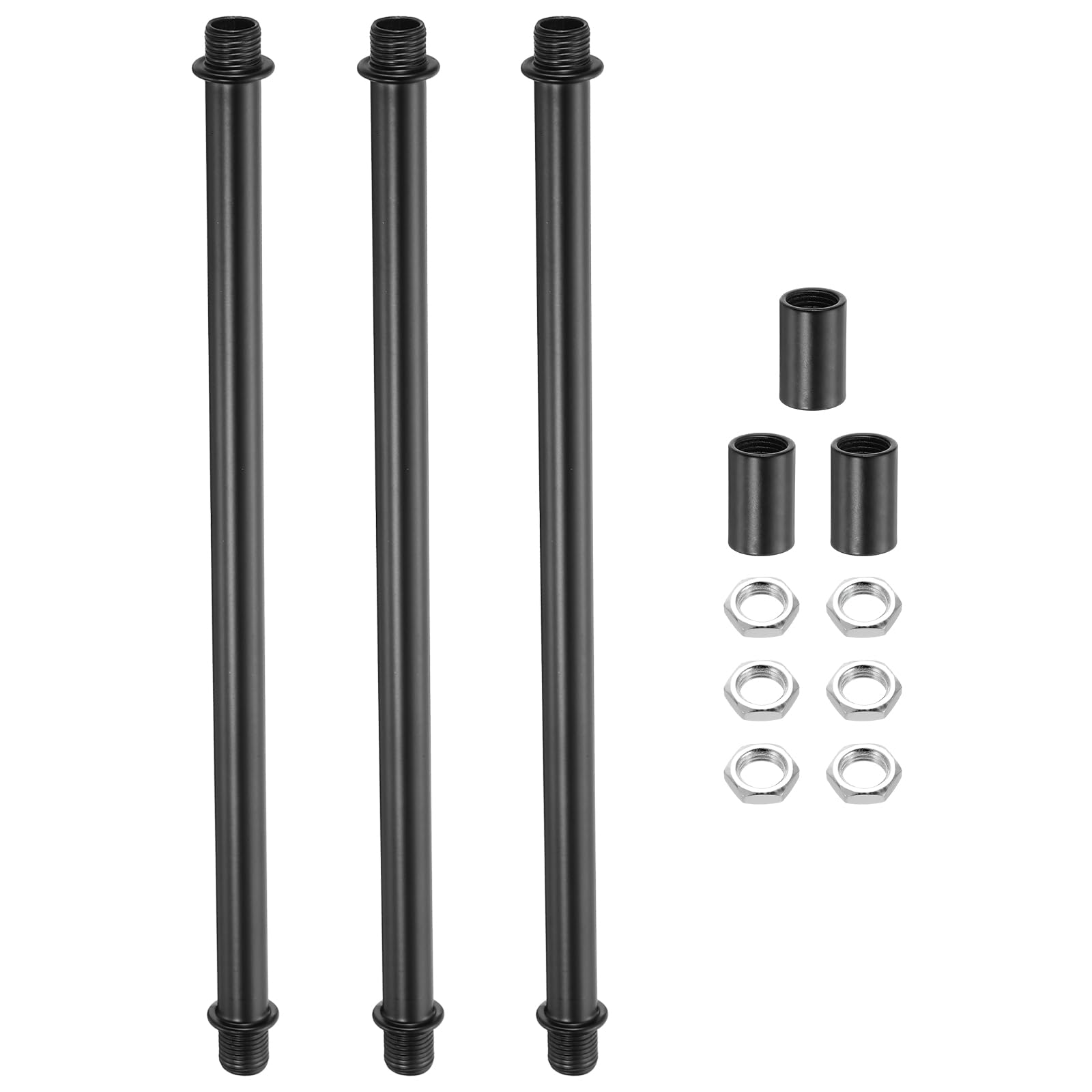 sourcing map 3Set 200mm/7.87" Straight Pipe Lamp Stems Rod Kit, M10 Carbon Steel Double End Fine Thread Rod with Lock Nuts Sleeve Connector for Table Floor Lamps Ceiling Light, Black