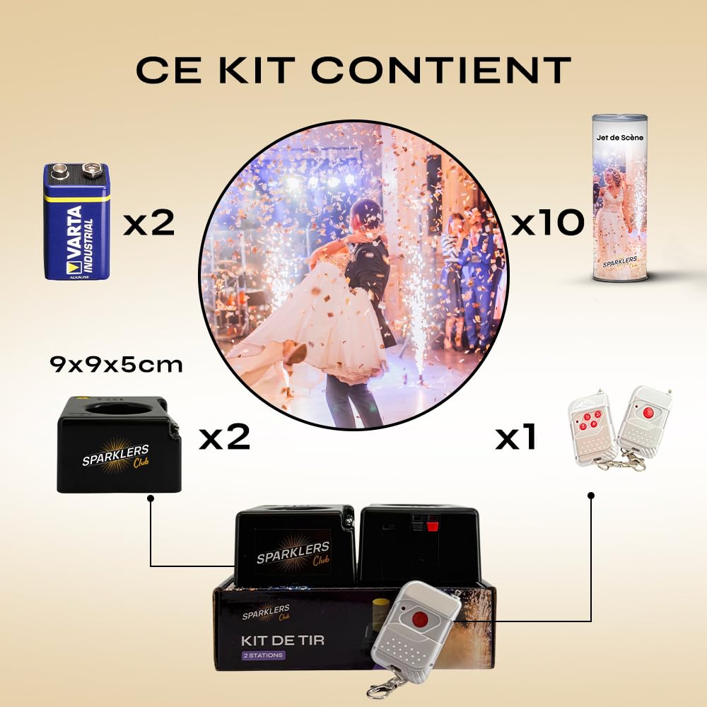 SPARKLERS CLUB Pack 2 Déclencheurs + Jets de Scène couleur Argent - Pile et Télécommande Inclus - Jet de scène d'Intérieur à Étincelles pour Mariage - Catégorie F1 (2 Mètres 30 Sec, 10)