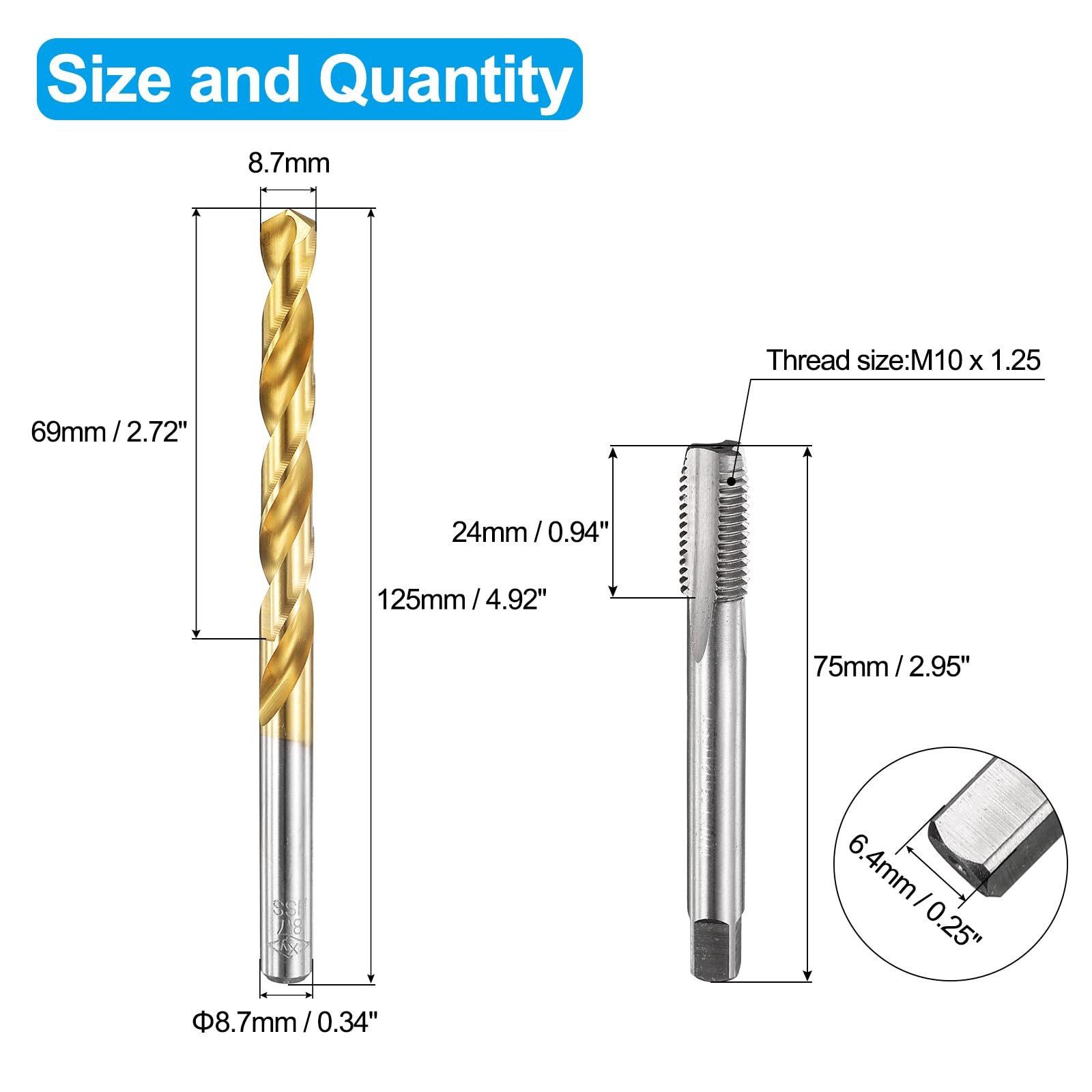 Set di maschi e punte da trapano, 1 maschio per filettatura metrica a scanalatura dritta M10 x 1,25 e 1 punta elicoidale da 8,7 mm, kit di utensili per filettatura HSS-6542 non rivestiti/rivestiti